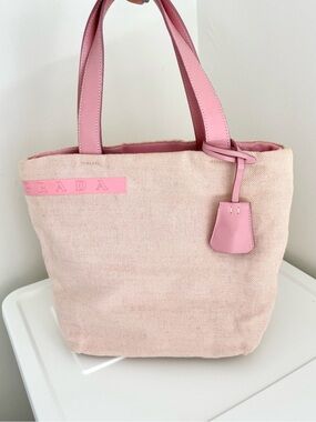 Vintage Prada Light Pink Canvas Tote with Leather Trim Authentic